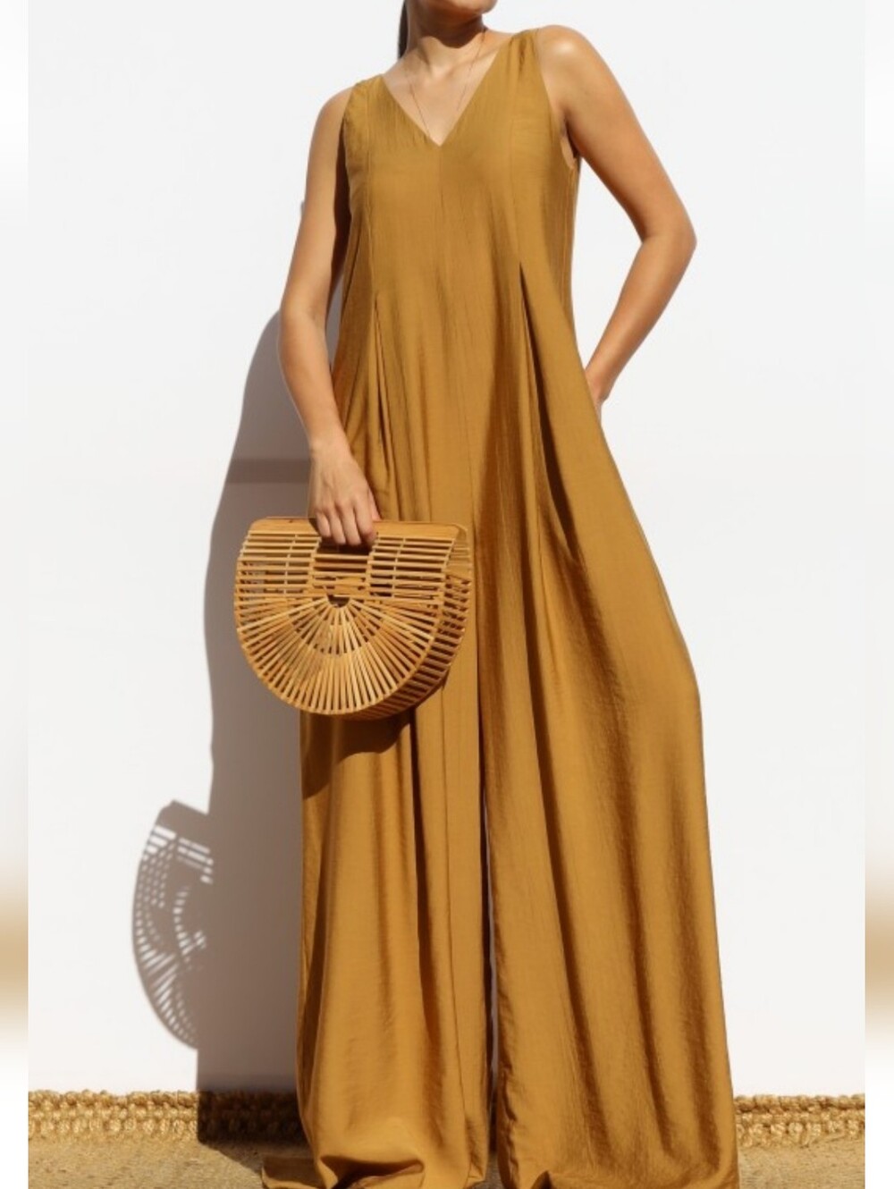 Sleeveless Wide-Leg V-Neck Jumpsuit in Golden Mustard  NWT